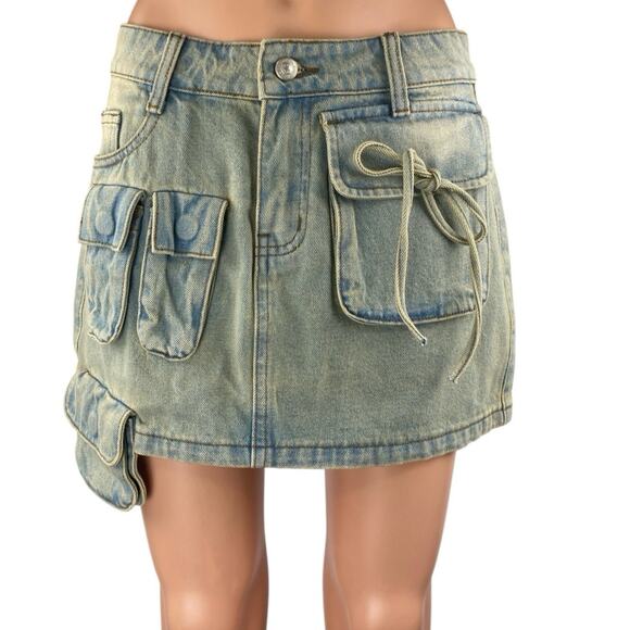 Princess Polly Infinite Love Blue Washed Denim Jean Cargo Mini Skirt Size 4 - Picture 2 of 6